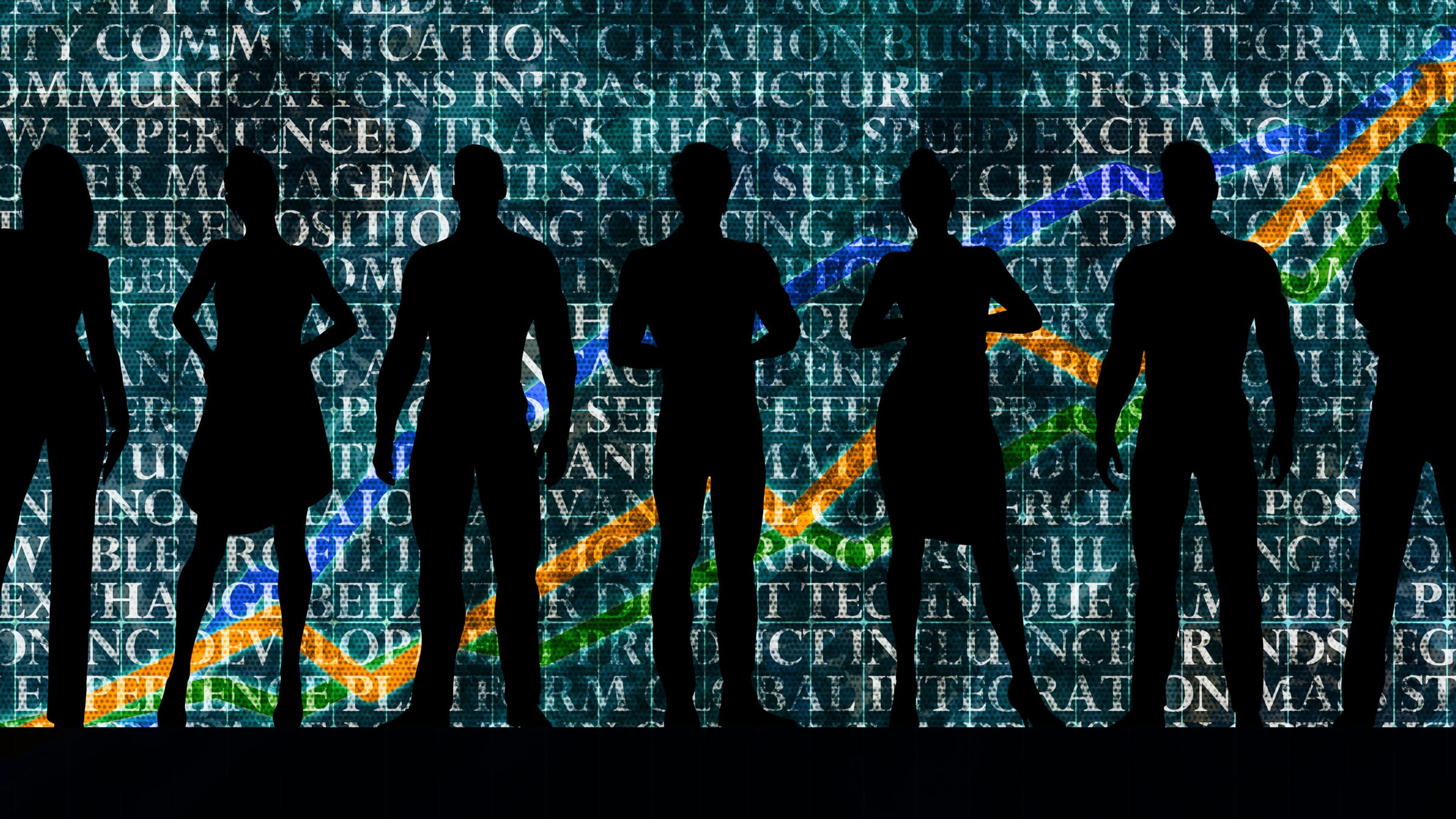 Silhouettes of six people stand in front of a digital background with business-related words and rising graph lines.