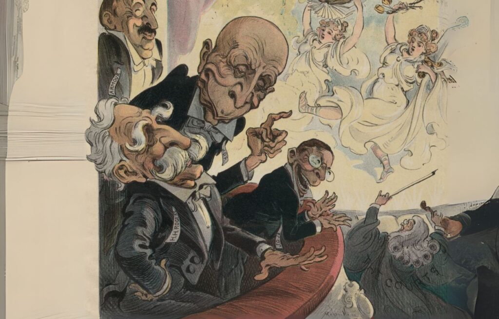 A satirical illustration of wealthy, exaggeratedly caricatured men in formal wear watching a theatrical performance.